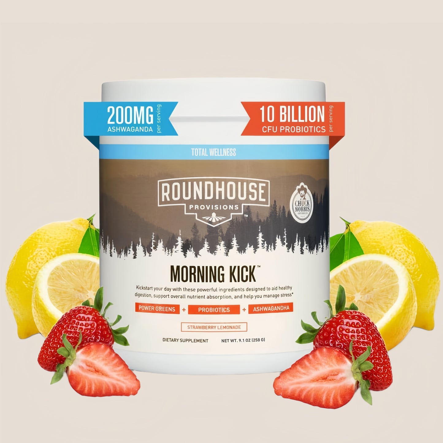 ROUNDHOUSE PROVISION Morning Kick, Zero Sugar Greens Superfood Powder Supplement with Ashwagandha, Collagen, Probiotics, Debloat Drink, 30 Servings (Strawberry Lemonade) by Chuck Norris